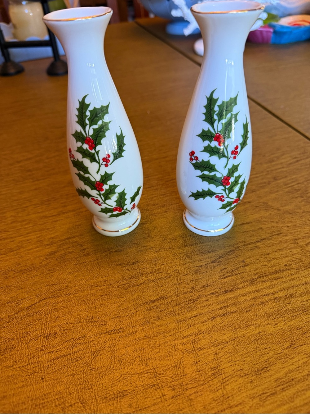 Vintage Christmas Holly & Berries White Porcelain Bud Vases - Set of 2